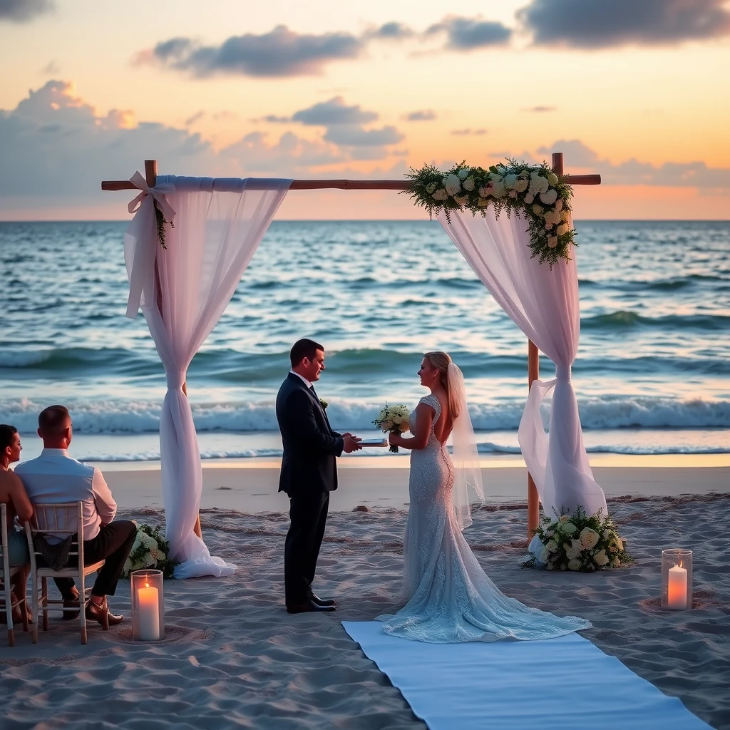 Elegant beach wedding ceremony at sunset